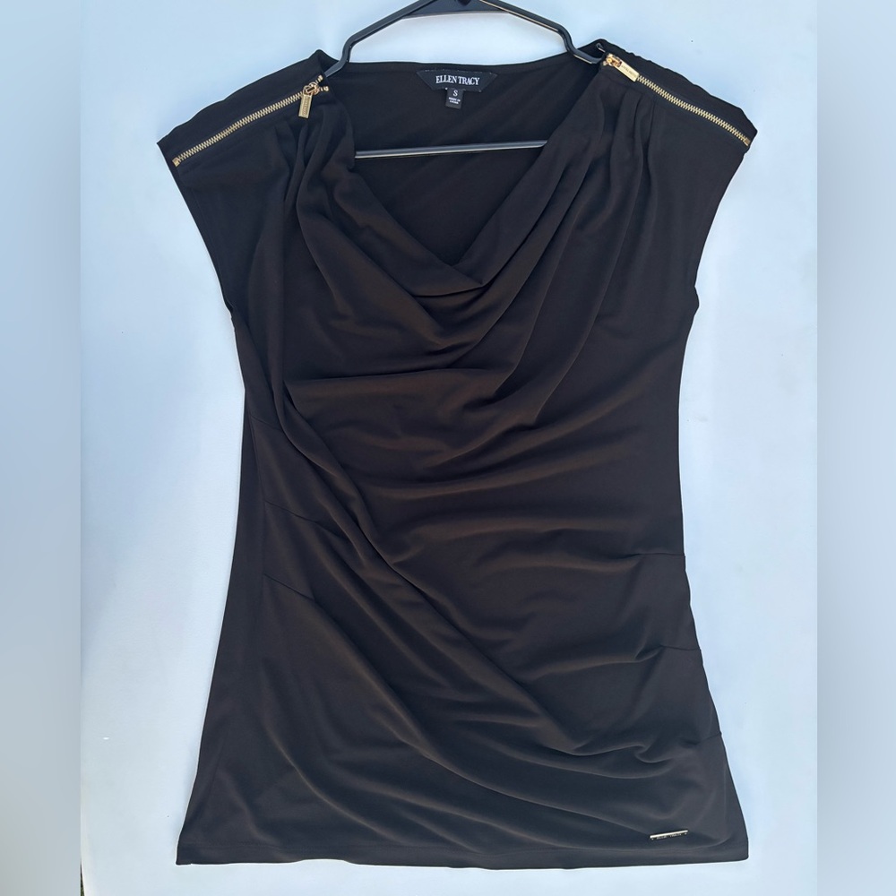 Ellen Tracy Black Draped Blouse with Gold Zipper Accents